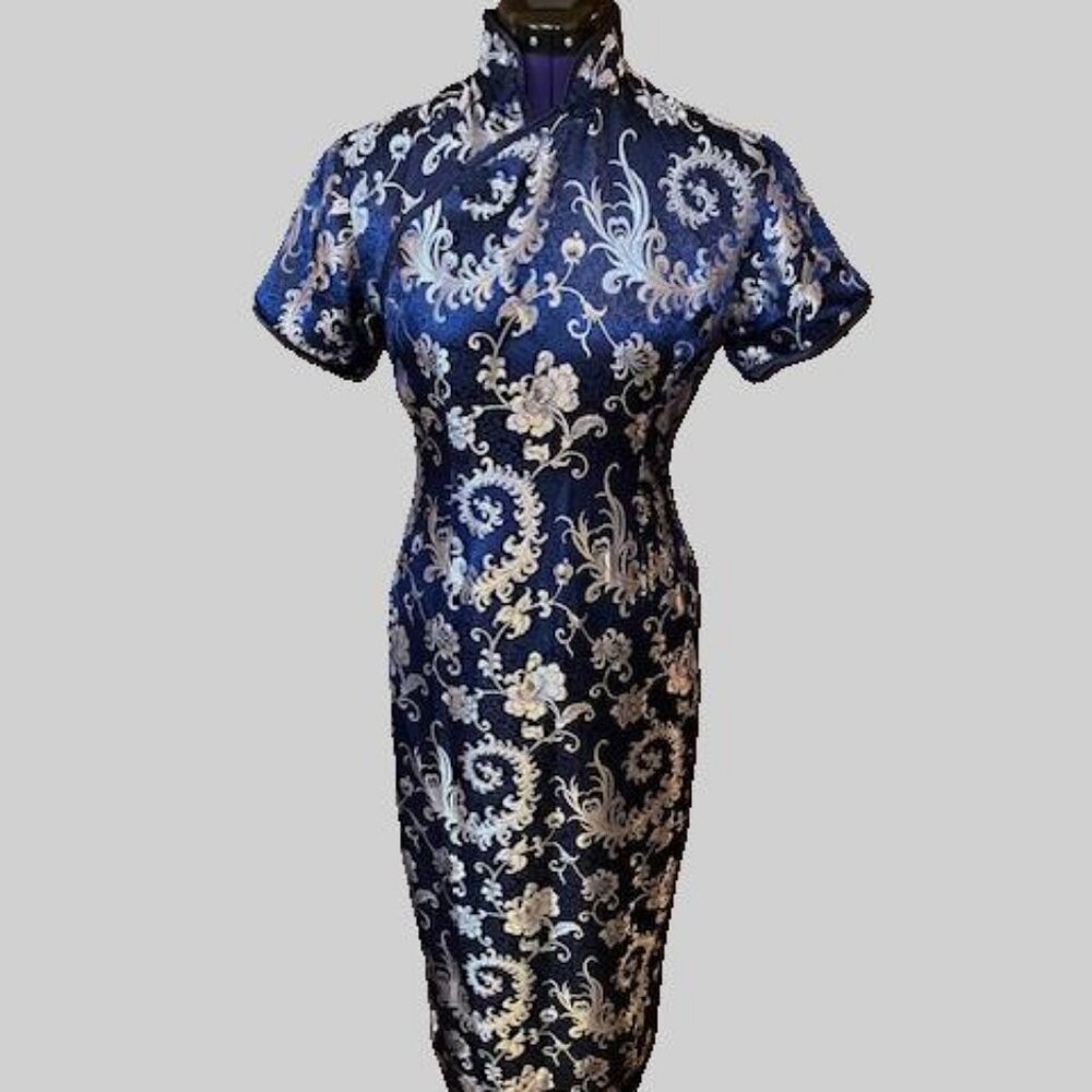 Navy blue Silk brocade Dress L Plum Blossom